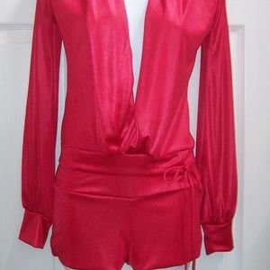 Red Romper Body Suit with Plunging Neckline New